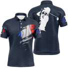 Polo golf homme bleu marine éclaboussure tricolore bleu blanc rouge silhouette golfeur swing surimpression coupe ajustée