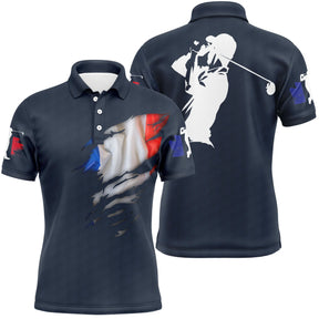 Polo golf homme bleu marine éclaboussure tricolore bleu blanc rouge silhouette golfeur swing surimpression coupe ajustée