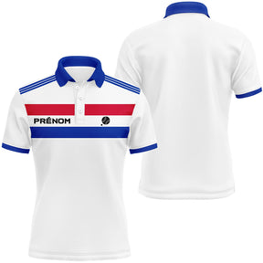 Polo sport France tricolore blanc bleu marine rouge bandes horizontales PRÉNOM personnalisé poitrine