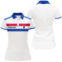 Polo sport France tricolore vue dos blanc avec bandes bleu marine et rouge personnalisable