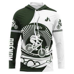 T-shirt unisexe vert et blanc avec cycliste BMX/VTT dynamique