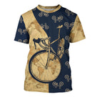 T-shirt cyclisme rétro vintage all-over unisexe avec vélo doré et carte du monde ancienne style rétro