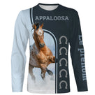 T-shirt manches longues cheval Appaloosa all-over bleu marine motif Appaloosa moucheté fers à cheval prénom personnalisé