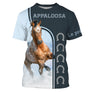 T-shirt cheval Appaloosa all-over fond bleu marine motif Appaloosa moucheté blanc alezan au galop prénom personnalisé