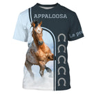 T-shirt cheval Appaloosa all-over fond bleu marine motif Appaloosa moucheté blanc alezan au galop prénom personnalisé
