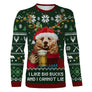 Sweater Noël vert ours bière motifs jacquard sapins et bois de cerfs, coupe unisexe humour chasseur