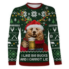 Sweater Noël vert ours bière motifs jacquard sapins et bois de cerfs, coupe unisexe humour chasseur