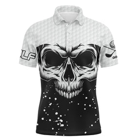 Polo golf homme manches courtes design crâne noir et blanc, marquage prénom personnalisable