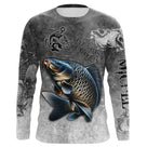 T-shirt anti UV manches longues pêche carpe humour, design gris patiné et carpe en action, vêtement halieutique pour carpiste