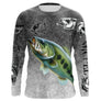 T-shirt anti UV manches longues pêche bar humour, design gris patiné et loup en action, vêtement halieutique pêcheur littoral