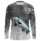 T-shirt anti UV manches longues pêche saumon humour, design gris patiné et saumon en action, vêtement halieutique saumonier