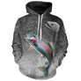 T-shirt all-over col rond pêche truite humour, motif arc-en-ciel et hameçons gris ardoise, accessoire personnalisable