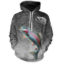 T-shirt all-over col rond pêche truite humour, motif arc-en-ciel et hameçons gris ardoise, accessoire personnalisable