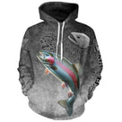 T-shirt all-over col rond pêche truite humour, motif arc-en-ciel et hameçons gris ardoise, accessoire personnalisable