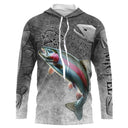 T-shirt anti UV à capuche pêche truite humour, fond gris ardoise avec truite arc-en-ciel et hameçons stylisés, prénom brodé