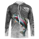 T-shirt anti UV à capuche pêche truite humour, fond gris ardoise avec truite arc-en-ciel et hameçons stylisés, prénom brodé
