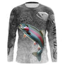 T-shirt anti UV manches longues pêche truite humour, design gris patiné et truite en action, vêtement halieutique moucheur