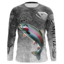 T-shirt anti UV manches longues pêche truite humour, design gris patiné et truite en action, vêtement halieutique moucheur