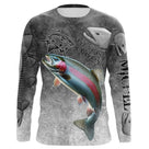 T-shirt anti UV manches longues pêche truite humour, design gris patiné et truite en action, vêtement halieutique moucheur