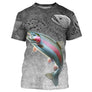 Sweat à capuche all-over pêche truite humour, fond gris ardoise avec arc-en-ciel et hameçons, vêtement chaud pour pêcheur