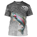 Sweat à capuche all-over pêche truite humour, fond gris ardoise avec arc-en-ciel et hameçons, vêtement chaud pour pêcheur