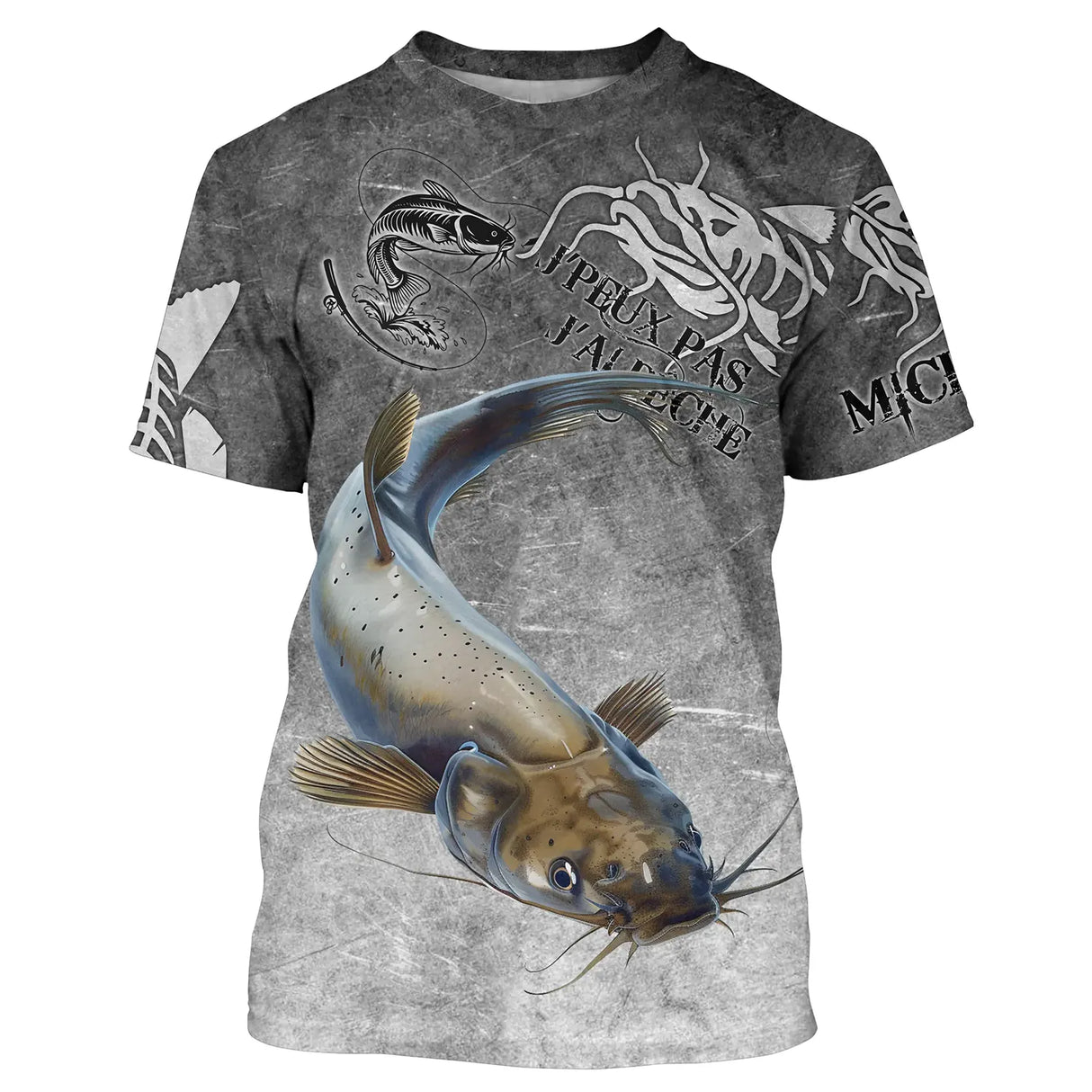 Sweat à capuche all-over pêche silure humour, fond gris ardoise avec silure moustachu et hameçons, vêtement chaud pêcheur