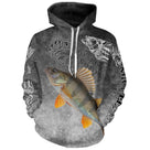 T-shirt all-over col rond pêche perche humour, motif perche et hameçons gris ardoise, accessoire personnalisable verticaleur