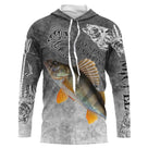 T-shirt anti UV à capuche pêche perche humour, fond gris ardoise avec perche rayée et hameçons stylisés, prénom brodé manche