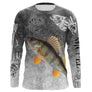 T-shirt anti UV manches longues pêche perche humour, design gris patiné et perche en action, vêtement halieutique pêcheur