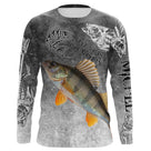 T-shirt anti UV manches longues pêche perche humour, design gris patiné et perche en action, vêtement halieutique pêcheur