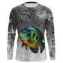 T-shirt anti UV manches longues pêche crapet humour, design gris patiné et crapet en action, vêtement halieutique pêcheur