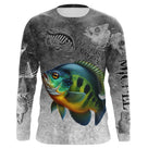 T-shirt anti UV manches longues pêche crapet humour, design gris patiné et crapet en action, vêtement halieutique pêcheur