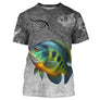 Sweat à capuche all-over pêche crapet humour, fond gris ardoise avec sunfish vert orange et hameçons, vêtement chaud pêcheur