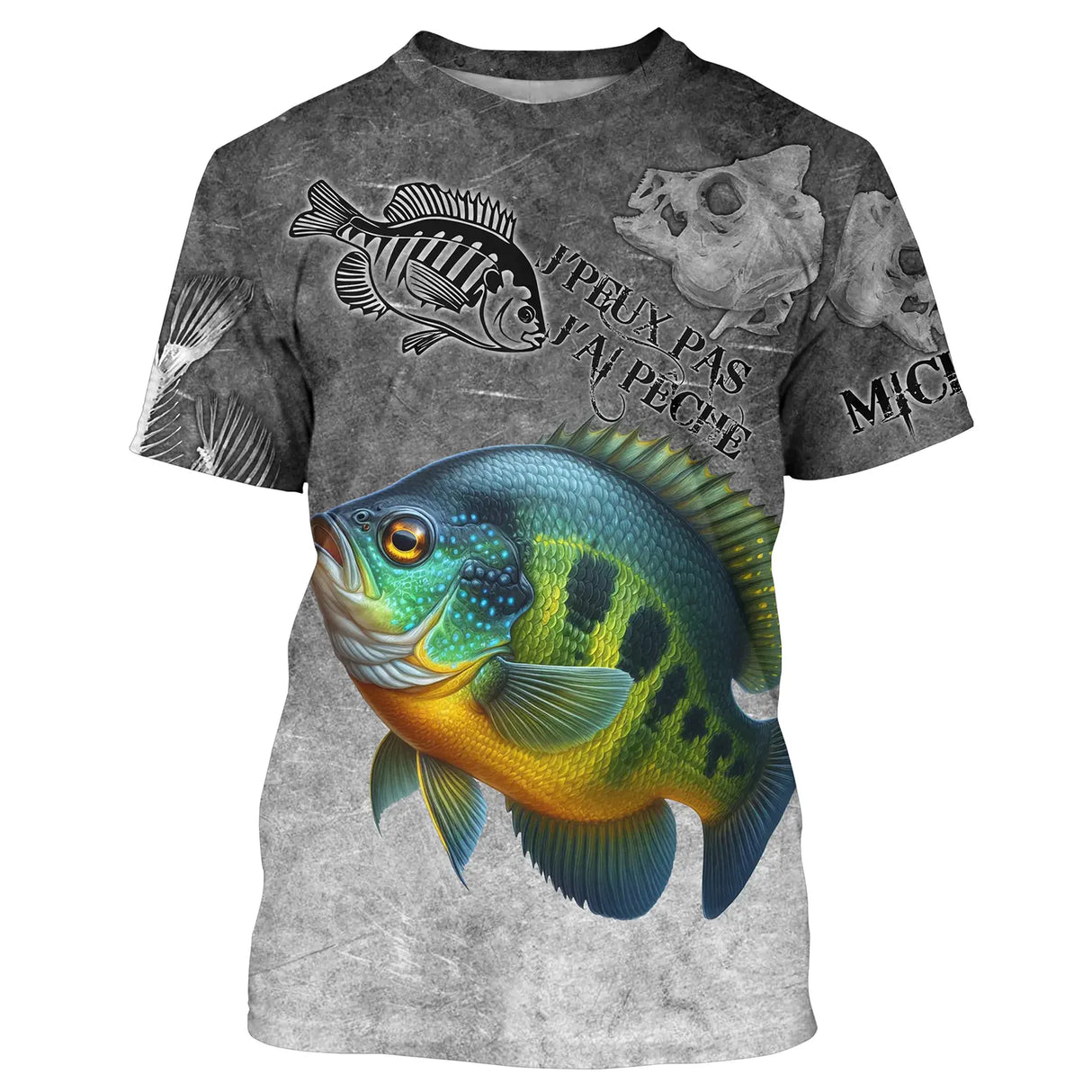 Sweat à capuche all-over pêche crapet humour, fond gris ardoise avec sunfish vert orange et hameçons, vêtement chaud pêcheur