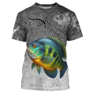 Sweat à capuche all-over pêche crapet humour, fond gris ardoise avec sunfish vert orange et hameçons, vêtement chaud pêcheur