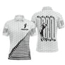 Polo golf personnalisé blanc noir avec silhouette golfeur en swing et lettrage GO au dos, prénom sur manche