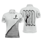 Polo golf personnalisé blanc noir avec silhouette golfeur en swing et lettrage GO au dos, prénom sur manche