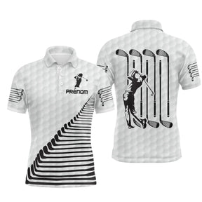 Polo golf personnalisé blanc noir avec silhouette golfeur en swing et lettrage GO au dos, prénom sur manche
