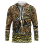 Sweat à capuche all-over pêche brochet camouflage roseau motif carnassier vert tacheté photoréaliste, vue de face