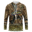 Sweat à capuche all-over pêche brochet camouflage roseau motif carnassier vert tacheté photoréaliste, vue de face