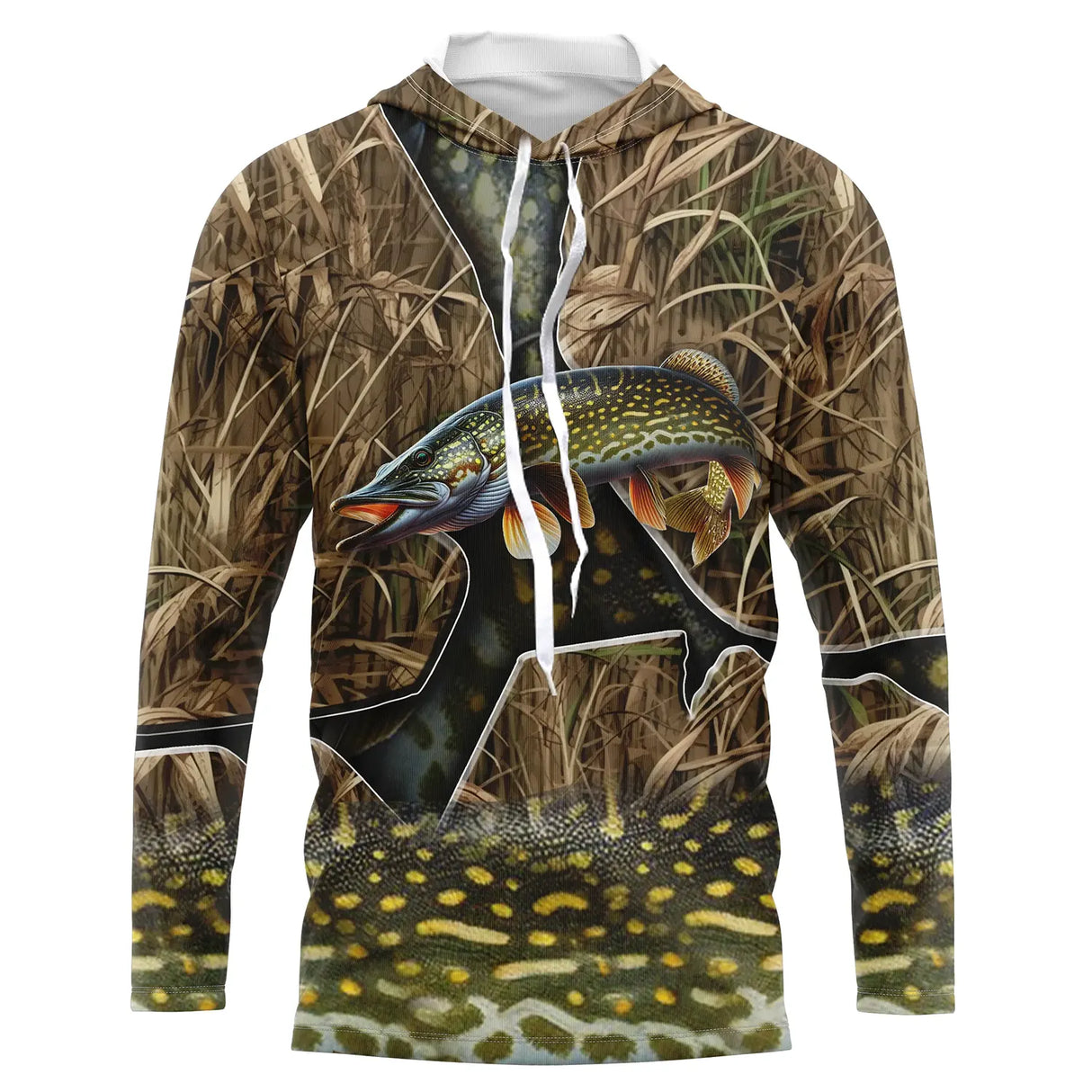 Sweat à capuche all-over pêche brochet camouflage roseau motif carnassier vert tacheté photoréaliste, vue de face