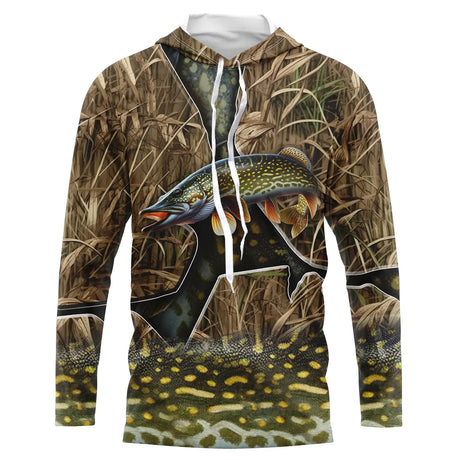 Sweat à capuche all-over pêche brochet camouflage roseau motif carnassier vert tacheté photoréaliste, vue de face