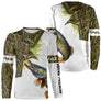 T-shirt manches longues pêche brochet all-over camouflage roseaux motif brochet mâchoire ouverte prénom personnalisé