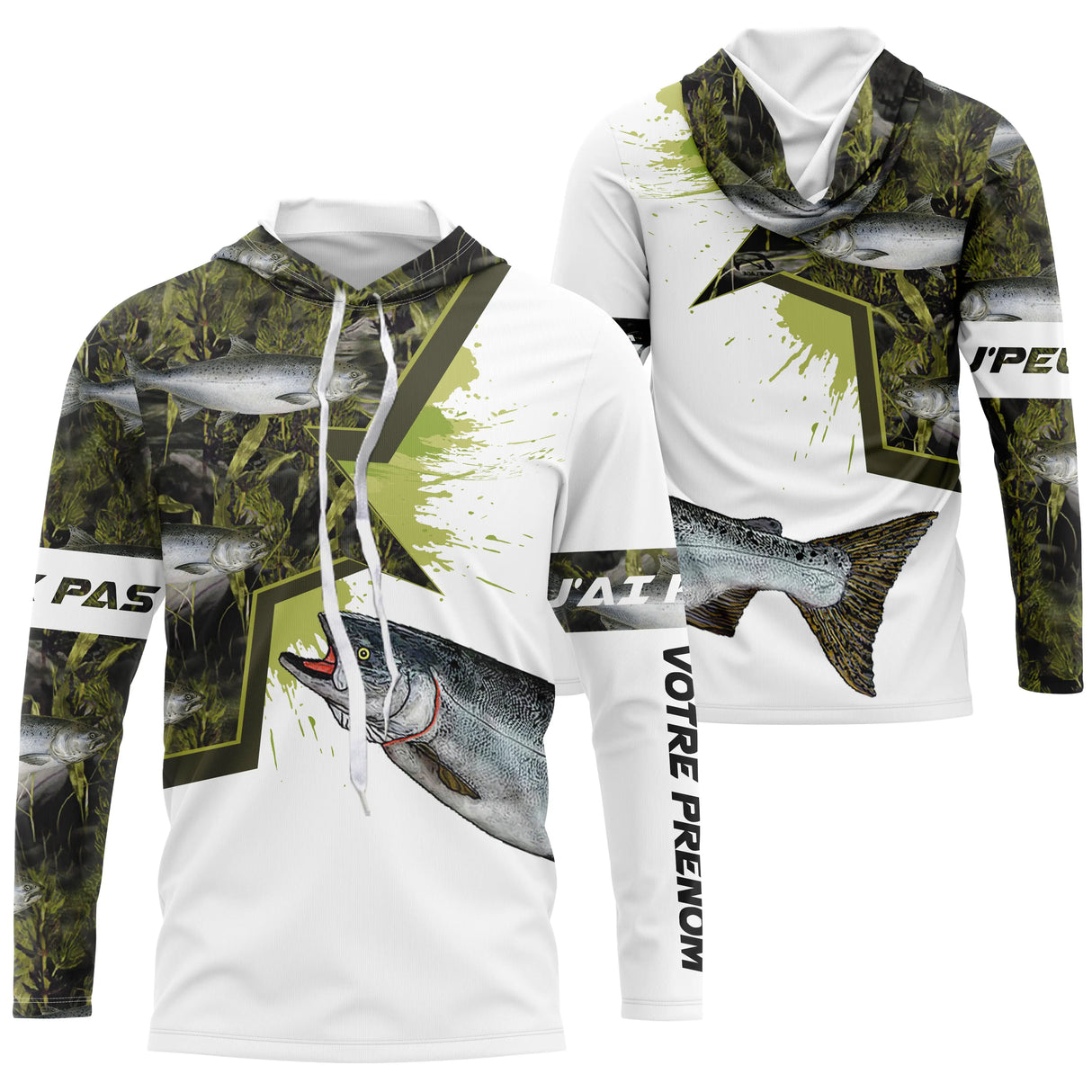 T-shirt all-over pêche saumon camouflage marais motif saumon atlantique argenté bleuté prénom personnalisé moucheur