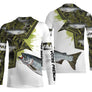 T-shirt halieutique saumon all-over camouflage vert brun motif saumon en remontée pêcheur prénom personnalisé