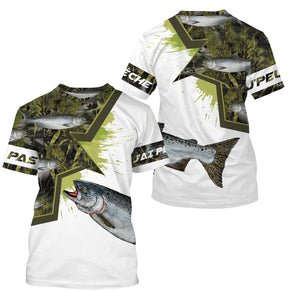T-shirt manches longues pêche saumon all-over camouflage roseaux motif saumon argenté prénom personnalisé moucheur