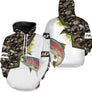Maillot pêche truite all-over camouflage marais motif truite arc-en-ciel torrent montagne pêcheur prénom personnalisé