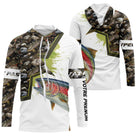 T-shirt halieutique truite all-over camouflage vert brun motif truite rose argentée pêcheur prénom personnalisé