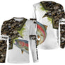 Sweat capuche pêche truite all-over camouflage marais vert brun motif truite arc-en-ciel pêcheur prénom personnalisé