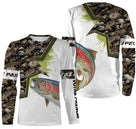 Sweat capuche pêche truite all-over camouflage marais vert brun motif truite arc-en-ciel pêcheur prénom personnalisé